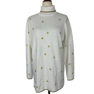 VTG Quacker Factory Sweater Medium Oversized Cream Turtleneck Gold Stars Holiday